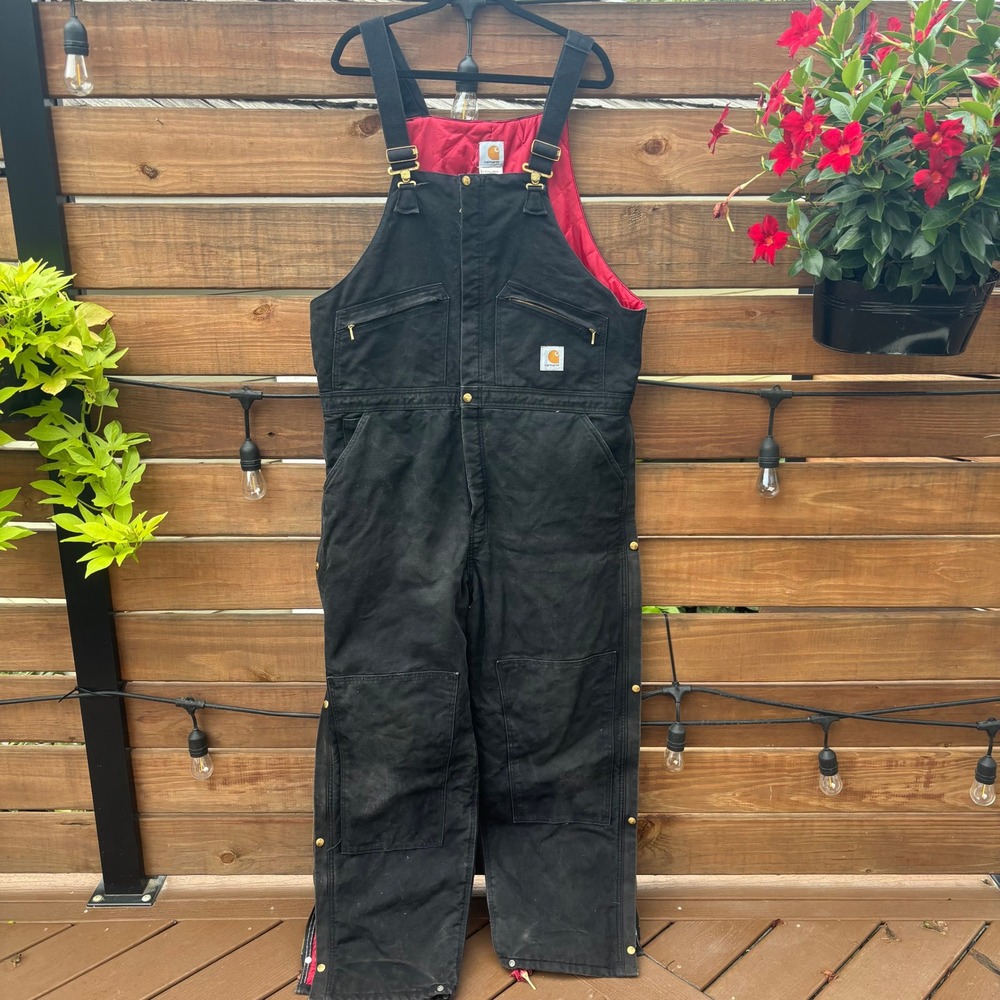 Carhartt R04 Quilt Lined Bib Overalls Mens 44x32 Black Good Double Knee Workwear